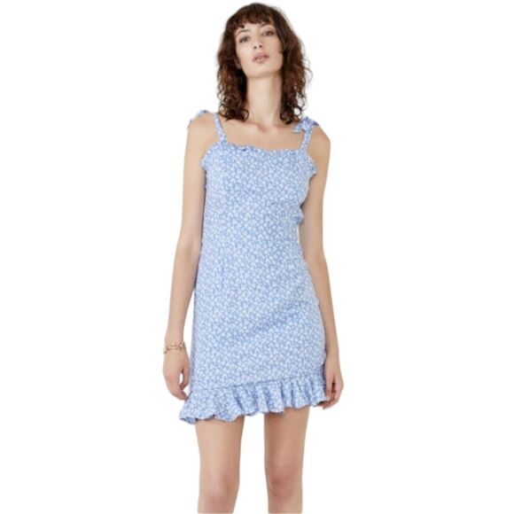 Bardot Paris Mini Flip Dress Blue Ditsy light blue white flowers ruffle hem XS - Picture 1 of 16